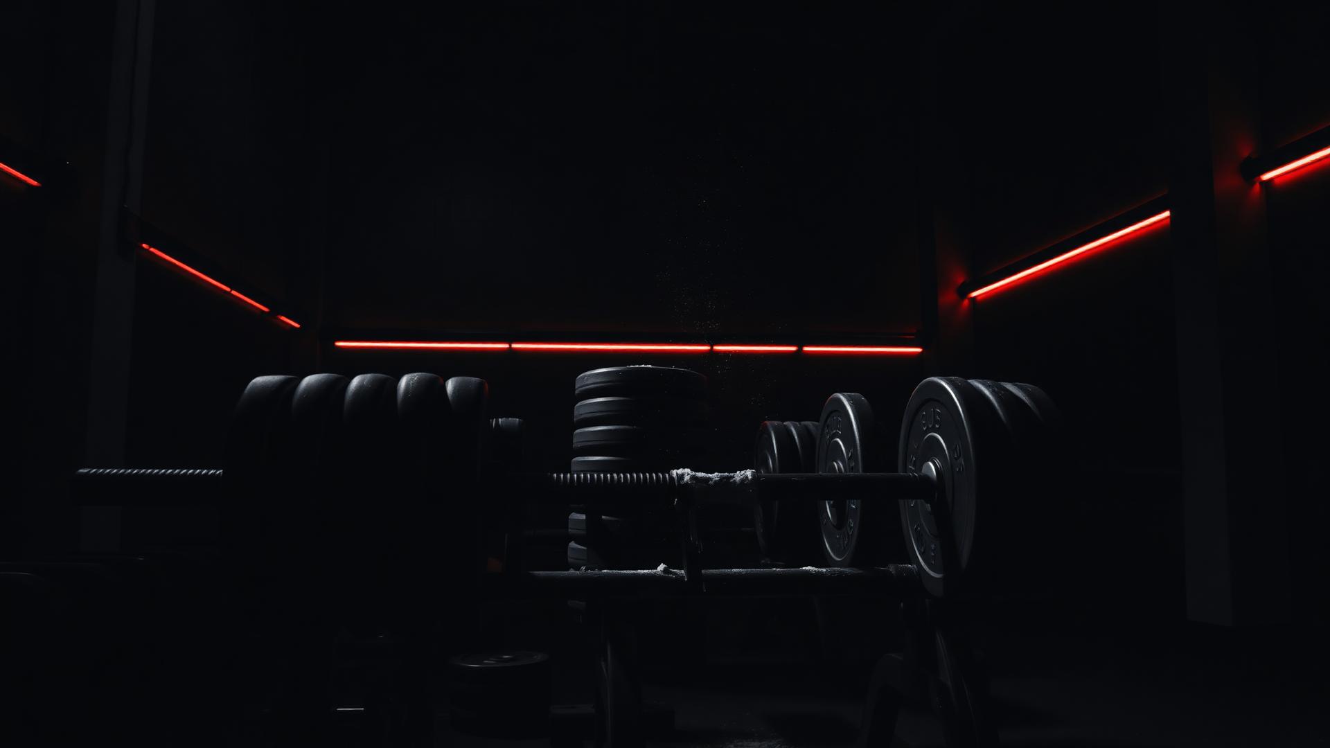 Dark gym with loaded barbells