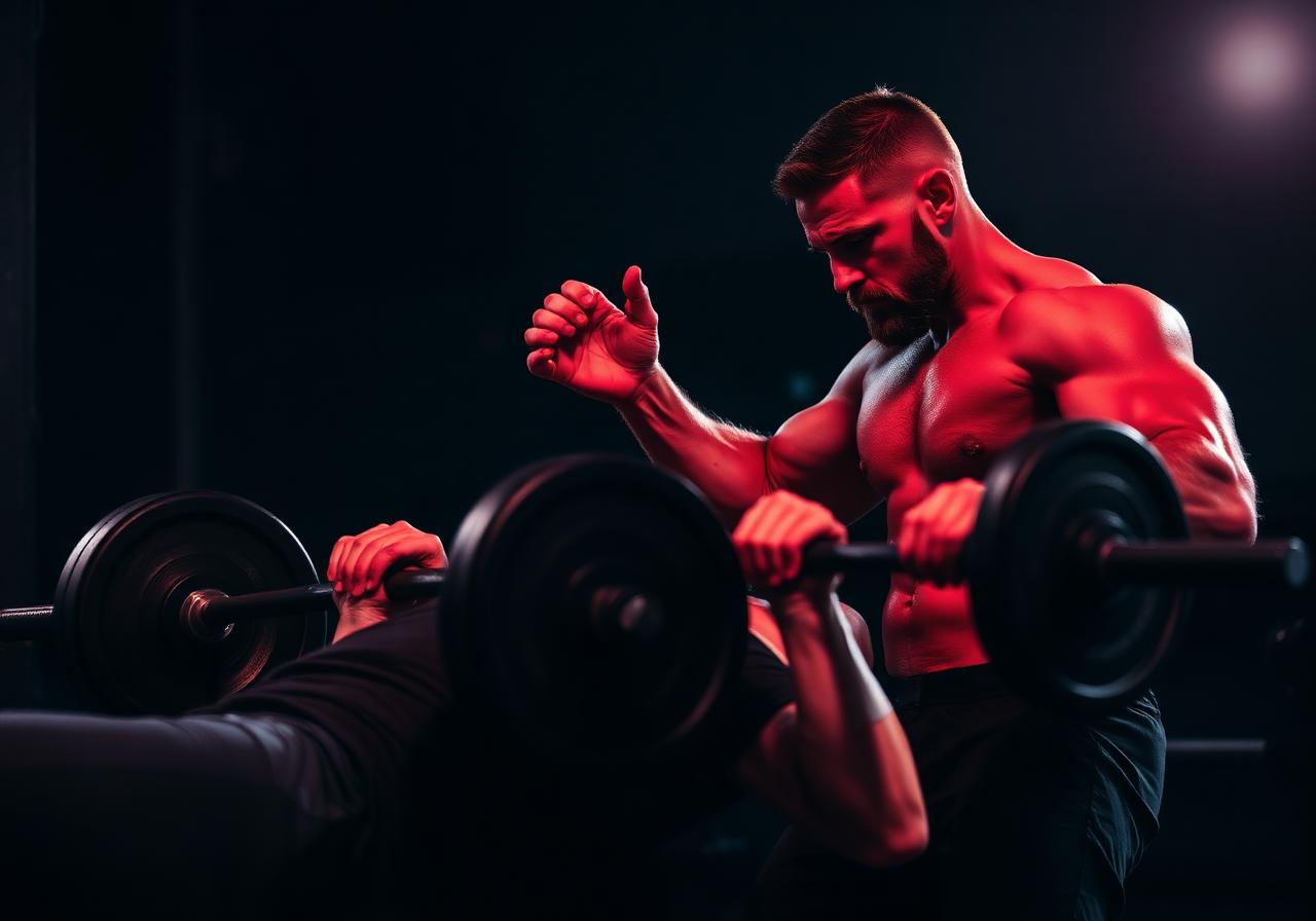 Coach spotting heavy bench press